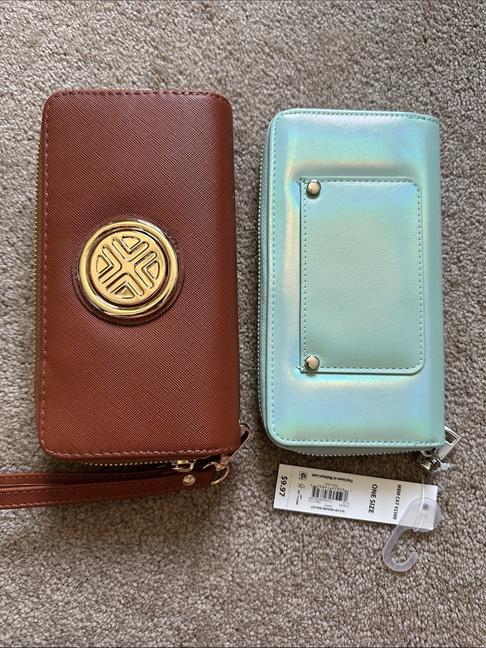 2 WALLETS Brn Zip-Around Wallet with Gold Emblem + Mint green wrap around wallet